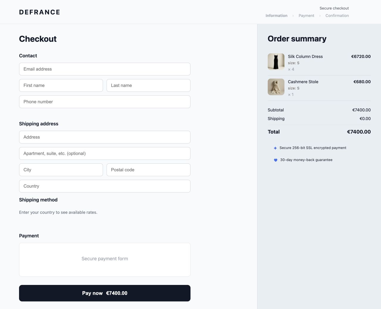 Defrance checkout with products in the order summary