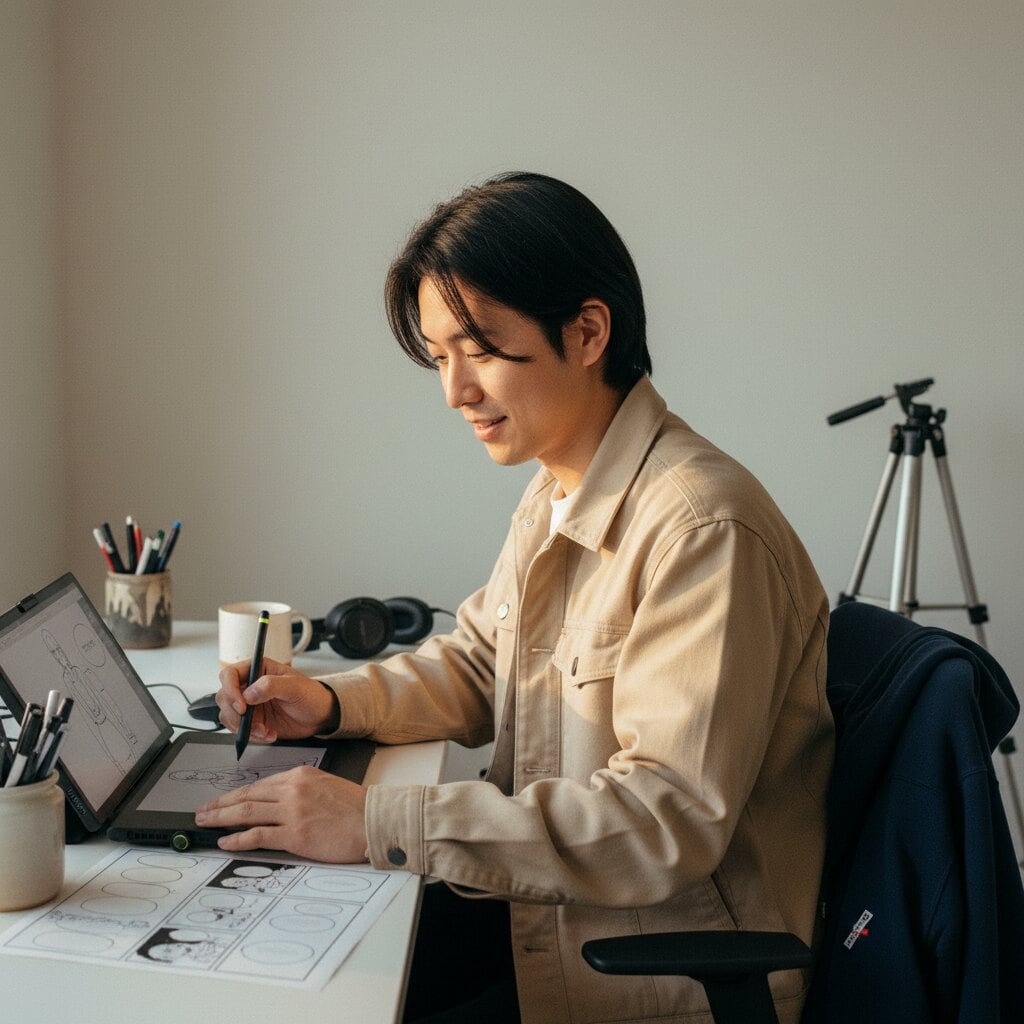 Portrait environnemental de Kenji à son bureau