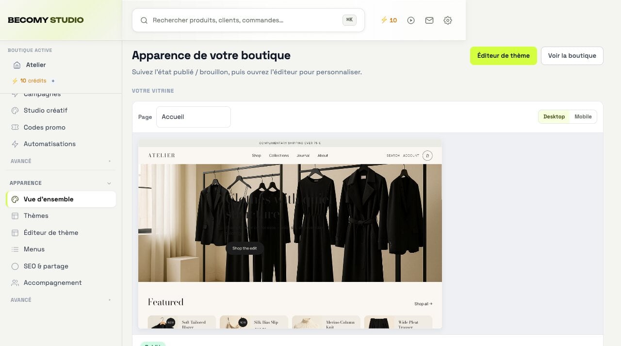 Apparence et aperçu de thème Atelier dans Becomy Studio